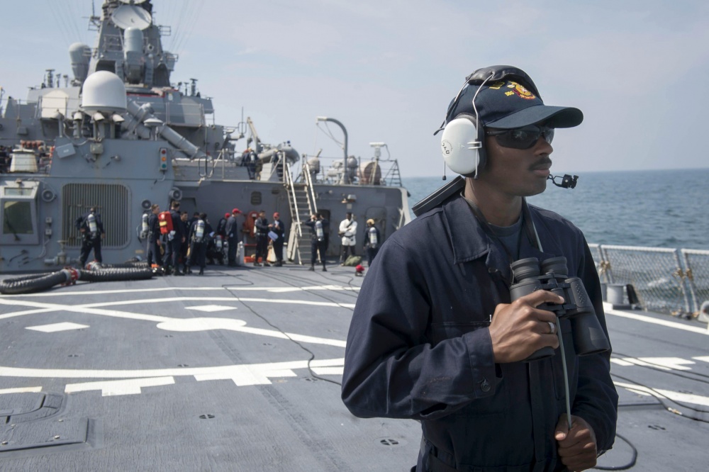 NORTH SEA July 19, 2017 Seaman Dominique Dunn, from Atlanta, stands aft-lookout .jpg